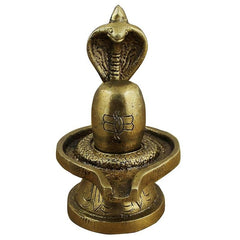 Lord Shiva Lingam sculpture, front view gold-tone linga with lotus base