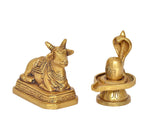 Brass Nandi statue and Shivling with trident on a round base, pooja decor