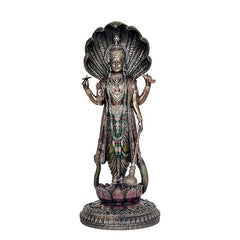 Lord Vishnu resin statue with detailed crown, multi-color accents, standing on lotus