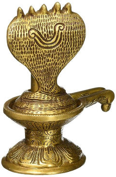 Brass Shiva lingam statue with textured serpentine hand form and ornate pedestal