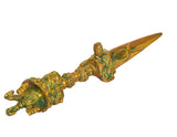 Close view brass furba dagger pendant with green-gold accents on handle and blade tip