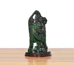 Tirupati Balaji brass idol, 4 inch tall, sculpted arms and jewelry details, green patina