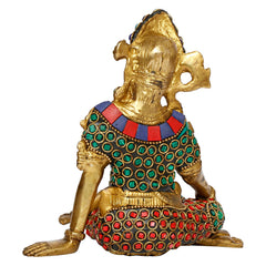 Brass Indra dev idol statue, back/side view with multicolour gemstone trim on robe