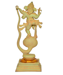 Brass Ganesha dancing figurine on Shesha Naag, detailed head and ornaments