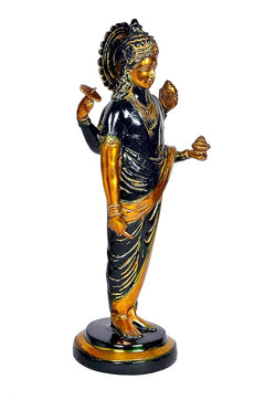 Dhanvantari-Messingstatue: Göttin mit erhobener rechter Hand, geöffnetes Gewand, Sockel