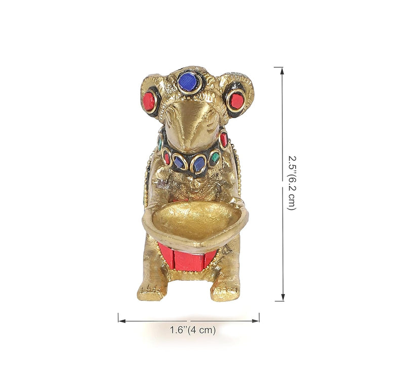 Brass Ganesha Mouse Holding Oil Lamp Diya Statue (Height 2.5 inches)