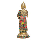 Brass standing Buddha idol, Abhaya mudra, red robe with circular medallion and gem borders