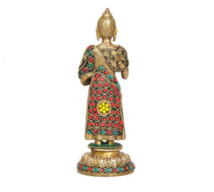 Brass standing Buddha idol, Abhaya mudra, red robe with circular medallion and gem borders