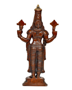 Rear view brass Tirupati Balaji idol statue, crown and shoulder emblems visible on base