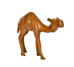 Brass camel figurine 6-inch, side profile with engraved patterns and green-tinted accents