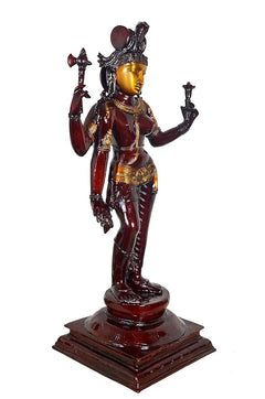 Brass Ardhanarishvara statue with crowned head, tridents held up, red-gold detailing