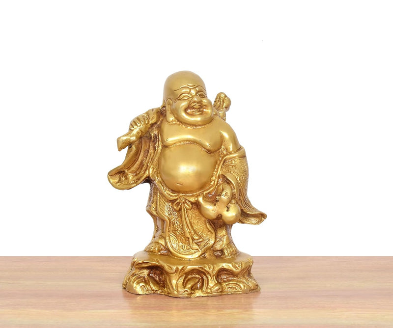 Brass Laughing Buddha Standing Statue Happy Man for Good Luck (Height :7 inch)