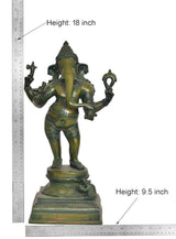 Brass Lord Ganesha idol with height guide, four arms, temple decor sculpture, 18 in