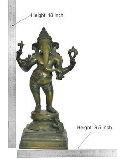 Brass Lord Ganesha idol with height guide, four arms, temple decor sculpture, 18 in