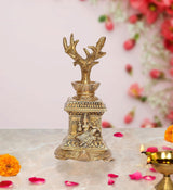 Brass Tulsi plant idol statue with ornate base and seated deity figures, 6 inch