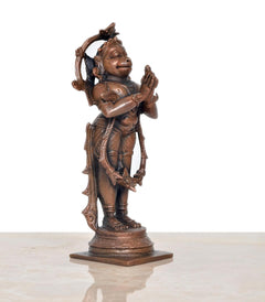 Kupferfarbene Hanuman-Statue in Seitenansicht, erhobene Hände, reliefierte Kleidung und Standfuß, 5,5 Zoll