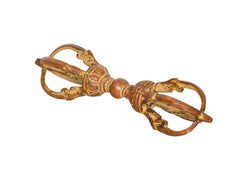 Brass small dorje with eight prongs and gold-brown finish, front view