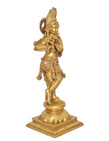 Back/side view of brass Krishna flute-playing idol statue with detailed adornments