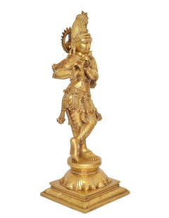 Back/side view of brass Krishna flute-playing idol statue with detailed adornments