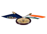 Brass flag stand angled view with round base and two Indian flags