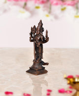 Copper standing Kartikeya Murugan murti, side view with trident and shield, square base