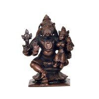 Copper Bhu Varaha Lakshmi idol, front view, one hand raised with companion figure