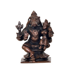 Copper Bhu Varaha Lakshmi idol, front view, one hand raised with companion figure