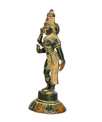 Brass Ardhanarishvara statue, side view with raised hand, ornate base, 6-inch