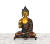 Brass Buddha idol seated, Abhaya mudra hand gesture, detailed robe