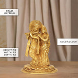 Gold-tone brass Radha Krishna idol statue, front view with intricate dress and halos