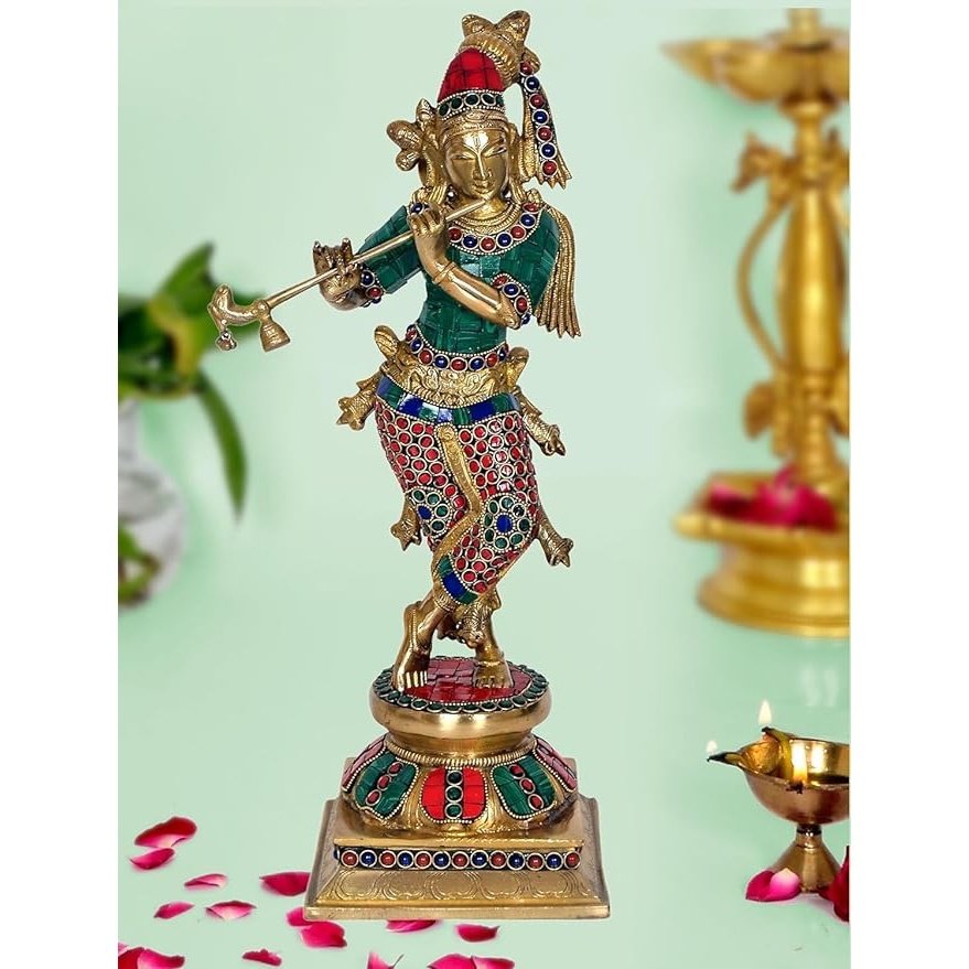 Brass Lord Krishna Idol Figurine Sculpture Statue Murti, Height : 15 inch