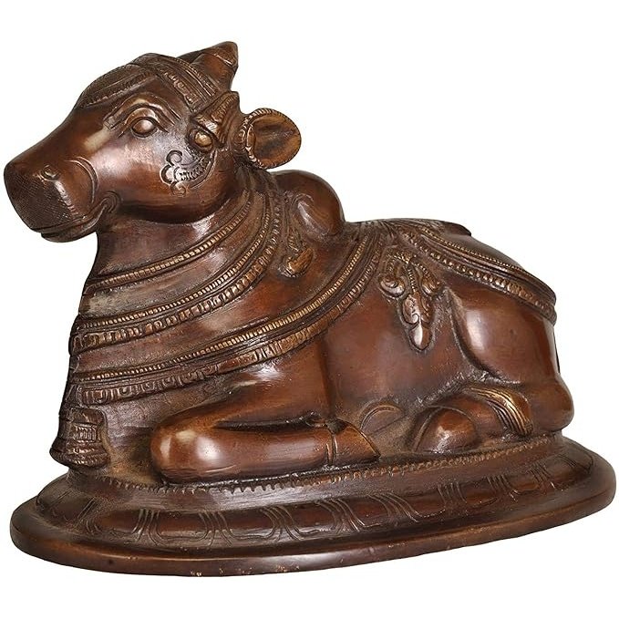 Brass Nandi statue, seated with ornate armor and engraved details, 5.6 in tall