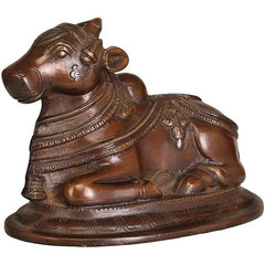 Brass Nandi statue, seated with ornate armor and engraved details, 5.6 in tall