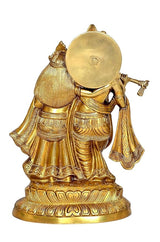 Brass Radha Krishna statue, rear view with round halo disc and flowing draped garments