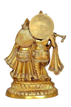 Brass Radha Krishna statue, rear view with round halo disc and flowing draped garments