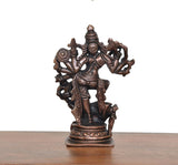 Copper Mahishasura Mardini murti, 5-inch, front view with multiple hand-held weapons
