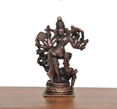 Copper Mahishasura Mardini murti, 5-inch, front view with multiple hand-held weapons