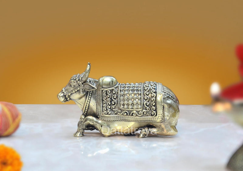 Brass Shiva Seated Nandi Statue Nandi Bull for Shiv Temple Showpiece Home Decor Pooja Mandir (Height: 2.5 Inch)