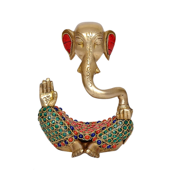 Brass Modern Ganesha Idol Ganesh Statue Multicolor Stone Work Finish | Home Decor/Office Entrance/Temple/Diwali Gift | (Height : 6 inch) (Green)