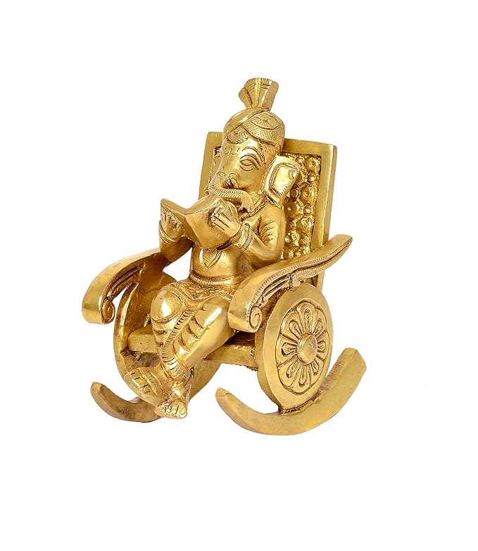 Brass Ganesha Statue Book Reading Turbaned Ganesh Sitting on Chair Sculpture Golden (Height 5 inch)