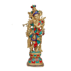 Brass Krishna murti (29 in): gold figure with teal, red, and blue adornments