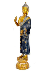 Brass Buddha idol statue, gold face and blessing hand gesture, dark blue robe