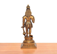Hanuman ji brass statue back view on square pedestal base with carved rim