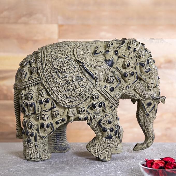 Polyresin Elephant with Dancing Ladies Figure Carving Decorative Home Decor Showpiece Animal Figurine Antique Elephant Idol for Living Room Wall Shelf Office Shop Festive Gifting Height 12 Inch,Grey