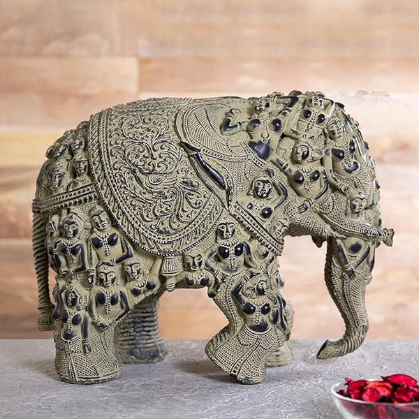 Polyresin Elephant with Dancing Ladies Figure Carving Decorative Home Decor Showpiece Animal Figurine Antique Elephant Idol for Living Room Wall Shelf Office Shop Festive Gifting Height 12 Inch,Grey