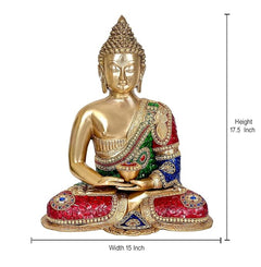 Seated brass Buddha meditation idol, gold face and hands in lap, jeweled robe details.