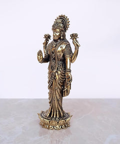 Lakshmi Laxmi brass standing idol, side view, detailed necklace and arms, 7-inch