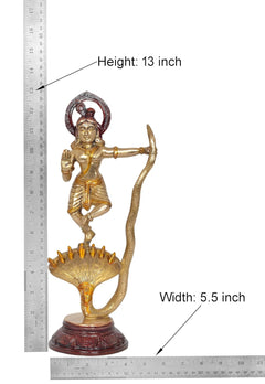 Height 13 inch brass Krishna statue on Kaliya serpent with maroon pedestal base