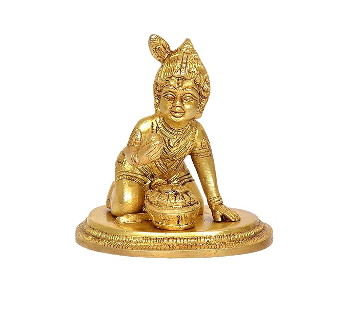 Brass Laddu Gopal idol statue, seated Krishna figure on round base