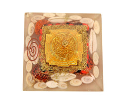 Clear orgonite pyramid with gold square medallion, white shells, and red glitter